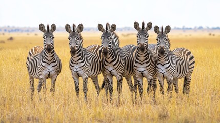 Fototapeta premium Herd of zebras standing together, highlighting their unique stripes