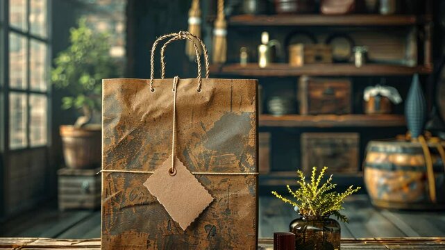 A rustic brown paper bag with a tag sits on a wooden table in a dimly lit room