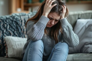 Obraz premium Young woman feeling sad and holding her head in hands