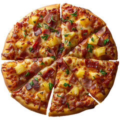 Whole cheese and chicken pizza on a baking tray, isolated on a transparent background, overhead shot