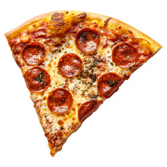 Single slice of American pepperoni pizza with melted cheese, isolated on a white background
