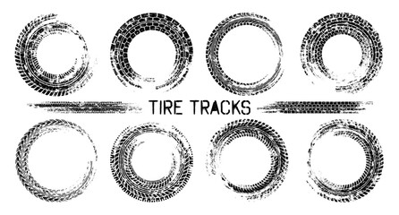 Grunge circle tire tracks, wheel braking marks. Truck, car or motorcycle tread pattern silhouettes. Auto race, motorsport, speed racing design element. Vector illustration