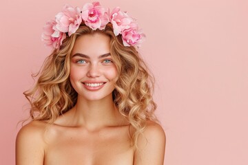 Fototapeta premium Blonde Woman with Pink Rose Crown, Curly Hair, Blue Eyes, Natural Makeup, Minimalist Pink Background, Radiant Skin, Feminine Charm, Summer Beauty, Soft Smile, Copyspace for Text