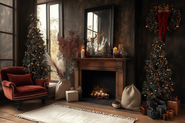 Wystrój domu - aranżacja wnętrz - 297 - Lustro nad kominkiem, obok fotel w salonie z oknem