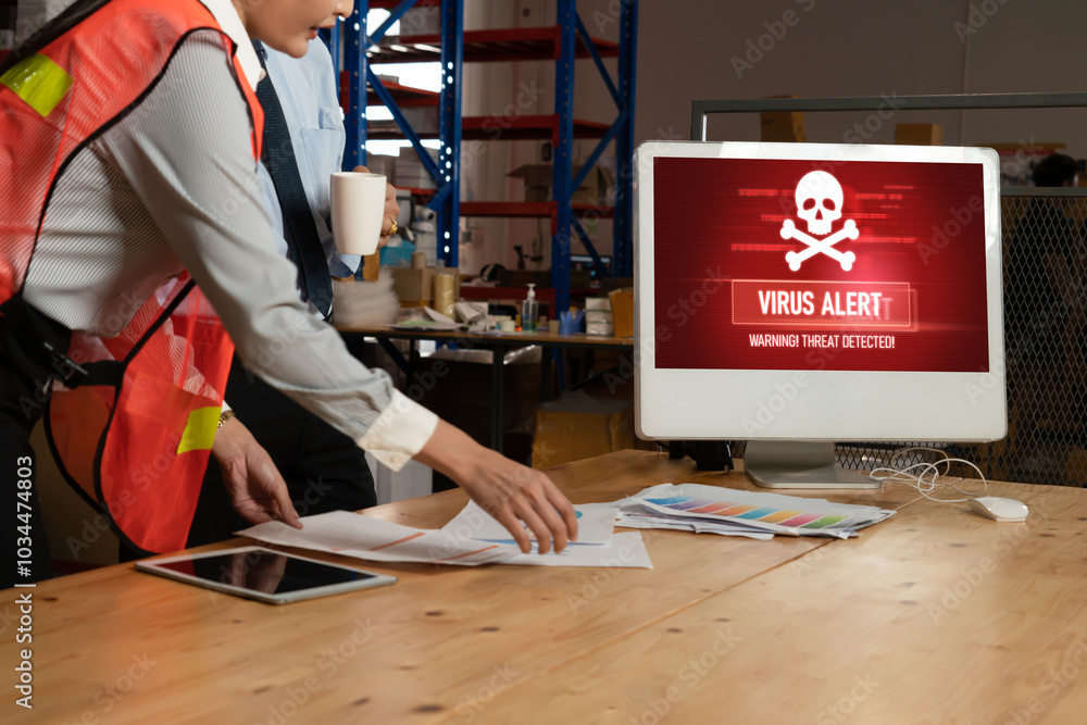 Poster virus warning alert on computer screen detected modish cyber threat , hacker, computer virus and mal