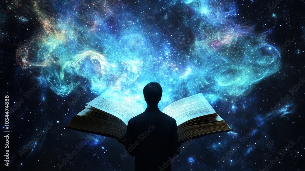 Poster man gazing at cosmic universe emerging from open book