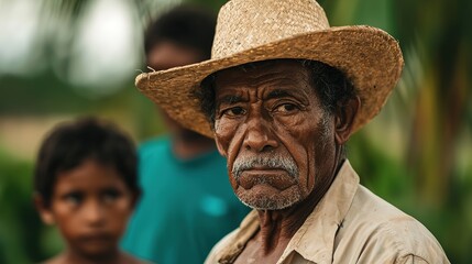 A weathered man in a straw hat gazes thoughtfully, accompanied by a young boy, surrounded by greenery in a tranquil rural setting.