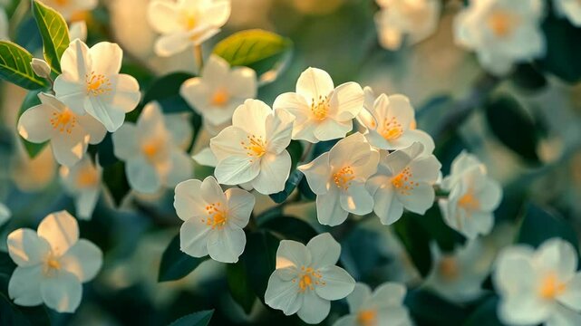 White jasmine flowers bloom on a bush in the warm afternoon sun