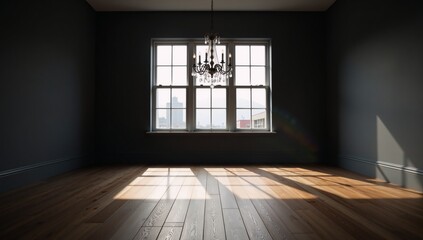 Empty room featuring dark-gray walls  wood floors large windows allow natural light for shadowy patterns