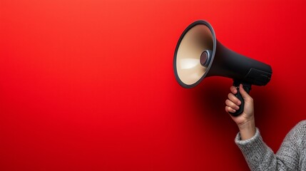 A hand holding a megaphone against a background of a bright red wall. The emphasis is on the contrast of the black megaphone and the rich red background. Copy space.
