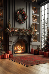 Fototapeta premium Wystrój domu - aranżacja wnętrz - 331 - Wieniec nad kominkiem, obok choinka i dywan na podłodz, salon w ciemnych kolorach