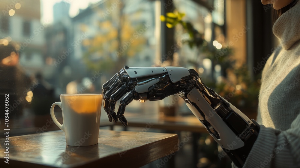Aufkleber a person sits at a cafe table, sipping coffee with a robotic arm beside their cup, basking in the wa