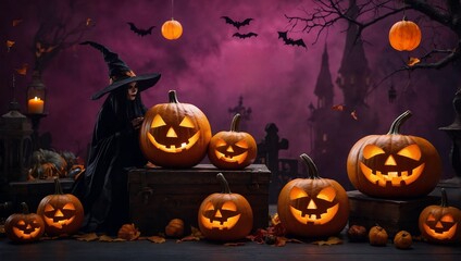 A witch is surrounded by pumpkins with glowing eyes. The scene is set in a graveyard with a castle in the background