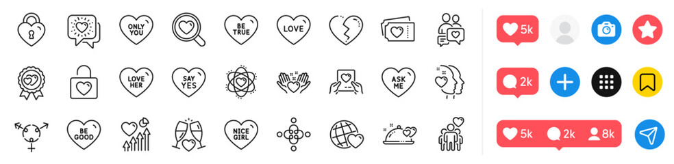 Love lock, Love her and Wedding glasses line icons pack. Social media icons. Friends world, Hold heart, Be good web icon. Ask me, Genders, Heart pictogram. Nice girl, Inclusion, Wedding locker. Vector