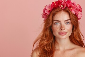 Redhead Woman with Freckles, Pink Floral Crown, Soft Coral Background, Natural Makeup, Smooth Skin, Minimalist Style, Radiant Glow, Warm Smile, Copyspace for Text


