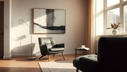 A modern living room designed in minimalist style, featuring clean lines, neutral colors, and functional furniture, creating an inviting and serene atmosphere for relaxation.