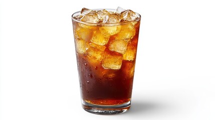 A dark and stormy cocktail with ice cubes and amber tones, photographed on a white background for a premium restaurant menu