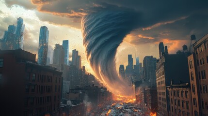 Fototapeta premium A heart-stopping image of a tornado approaching a crowded cityscape, the massive funnel cloud looming ominously over skyscrapers, while panic spreads across the streets below
