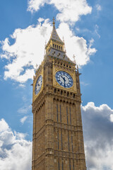 A close-up view of Big Ben, the iconic clock tower in London, England. The clock face is visible...