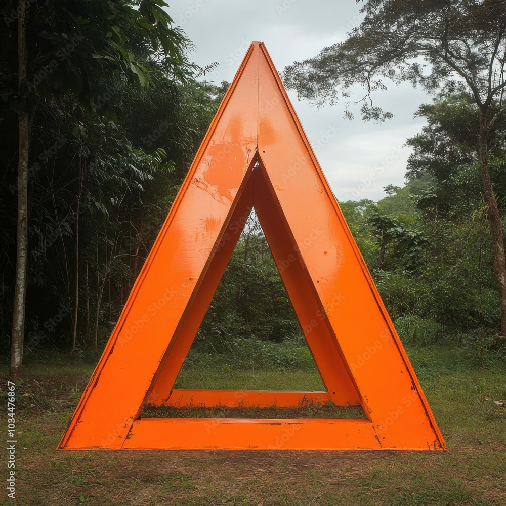 Poster a triangle shaped object in the middle of a field