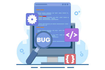 Bug Report Concept, bug magnifier on data software campaign. Computer bug detection. Bug error notification. System error alert. Testing software. Magnifier looking for malware. Flat illustration.