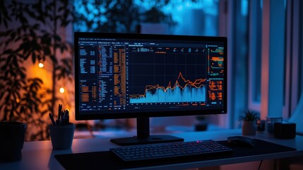 A minimalist workspace featuring a single computer screen displaying various graphs and data analytics, illuminated by soft lighting, conveying focus and clarity of thought