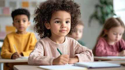 A focused young girl with curly hair is writing in a classroom, surrounded by classmates. The scene reflects a vibrant, engaging learning environment.