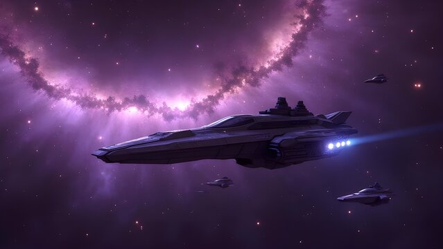 Photorealistic outer space, deep purple nebula swirl, sparkling stars in countless numbers, sleek 'Space Goblin' spaceships with distinctive markings darting in the background, cosmic diversity includ