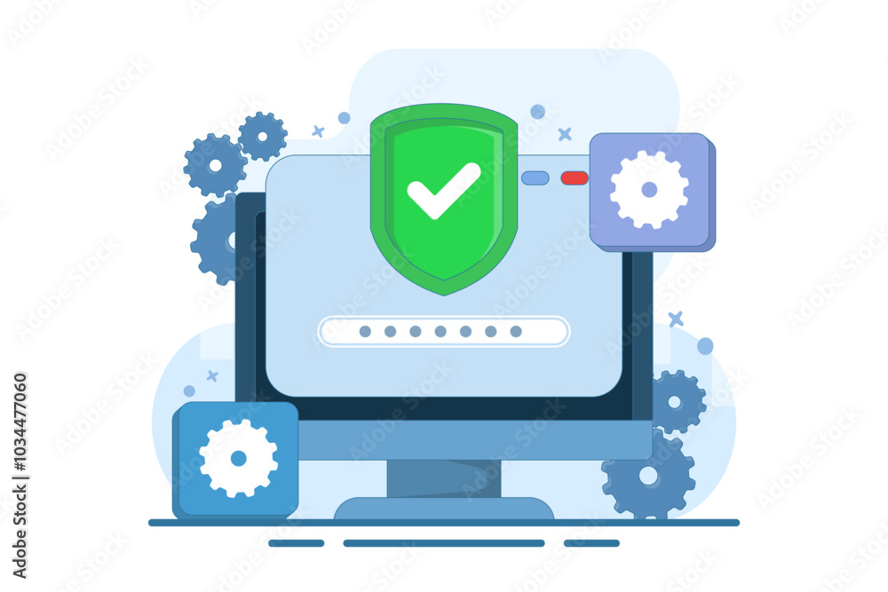 Poster computer security concept, device security, pc protected with lock and shield, firewall protection c