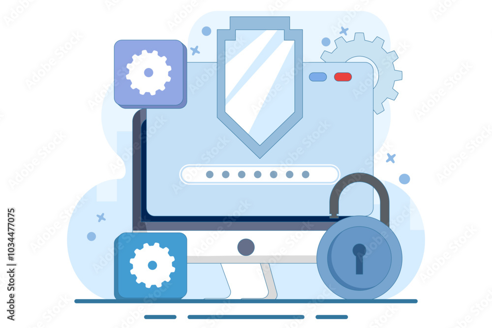 Poster computer security concept, device security, pc protected with lock and shield, firewall protection c