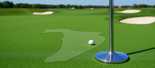 Putting green resembling the shape of Florida with golf ball and flagpole situated atop