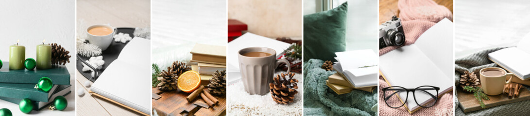 Collage of books with cups of hot drinks, candles and Christmas decor