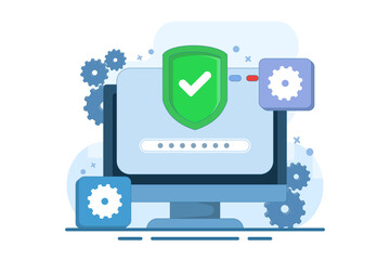 Computer security concept, Device security, PC protected with lock and shield, Firewall protection concept, Privacy access, Personal data, Secure system, Flat illustration vector template.