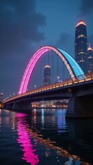 Obraz premium Futuristic cityscape featuring neon-lit arch bridge over a glowing river at night