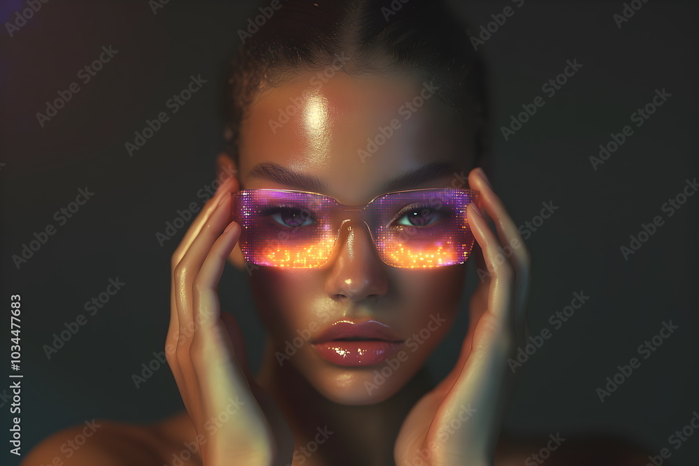 Poster woman wearing digital glasses seeing abstract data reflection. futuristic concept of virtual reality