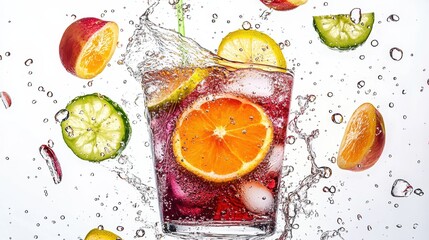 A sparkling sangria with floating fruit slices, captured on a white backdrop for a colorful and inviting restaurant menu