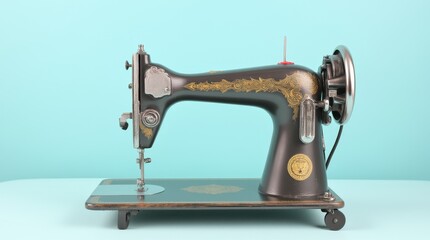 Antique sewing machine with intricate designs, positioned against a light blue background in a modern display setting
