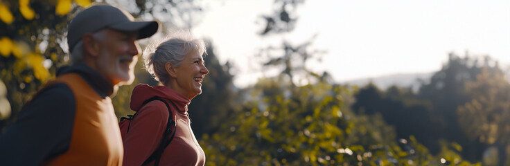 Un couple de seniors heureux faisant du jogging en plein air, représentant leur mode de vie actif et leur attitude saine dans des vêtements de sport.