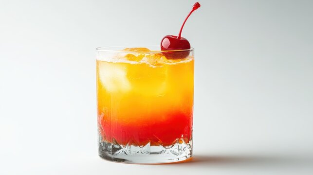 A tequila sunrise with colorful layers and a cherry garnish, styled against a white background for a vibrant restaurant menu display