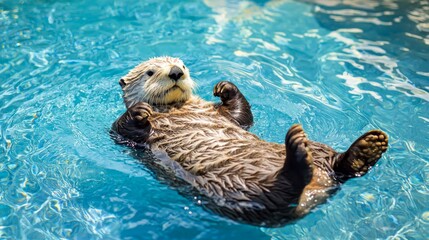 Playful sea otter floating on its back in clear blue water