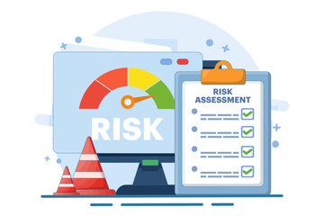 risk assessment concept with speedometer, Risk management. analyzing speedometer data, solving problems, creating recovery strategies. crisis management. Flat illustration vector template.