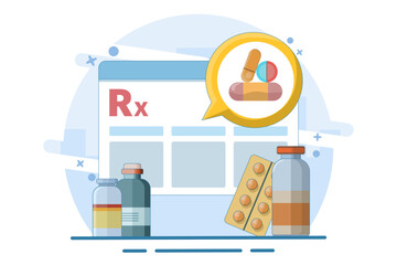 Online medicine prescription concept with pills, tablets, bottles, paper on computer, online pharmacy. Computer with medicine and pills on screen. Health care, isolated background in flat style.