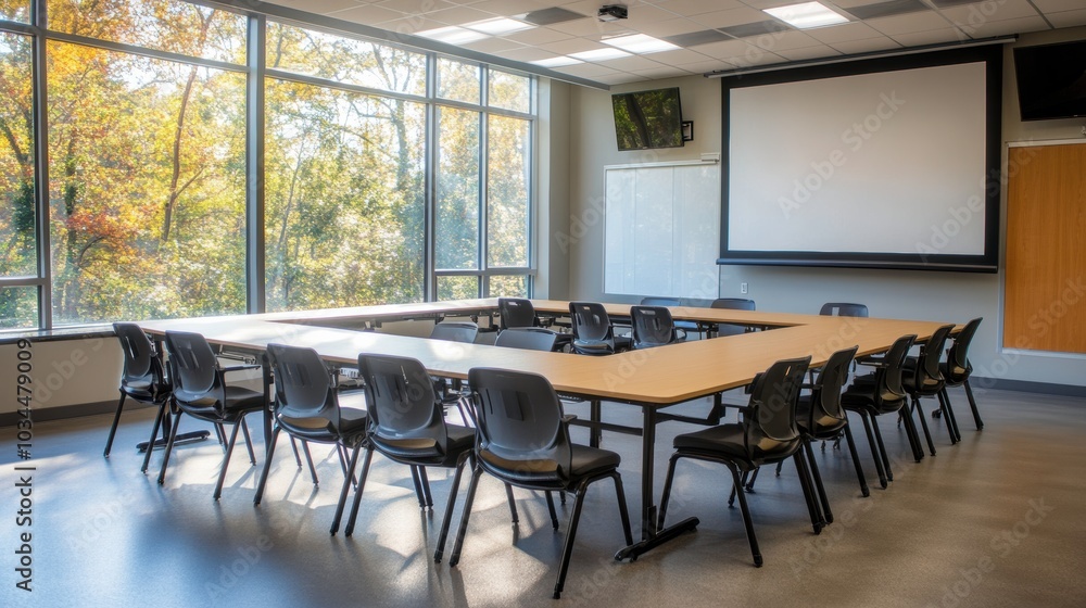 Poster Spacious Classroom Setup With Large Tables, Windows, and Ample Seating for Group Discussions or Classes. Generative AI