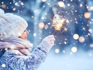 Happy Child Holding Sparkler in Winter Wonderland