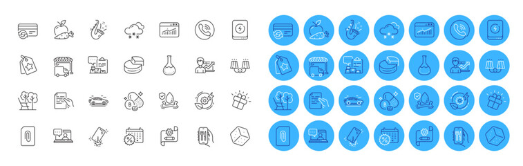 Pie chart, Attachment and Green energy line icons pack. Loyalty tags, Change card, Success business web icon. Smartphone broken, Delivery truck, Deckchair pictogram. Calendar discounts. Vector