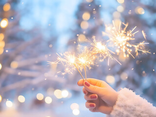 Hand Holding Sparklers with Festive Bokeh Background for Holiday Celebration