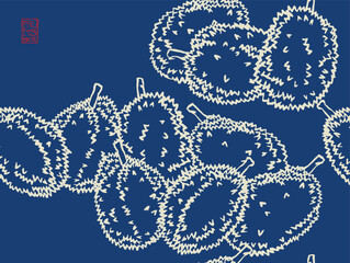 Seamless Durian hand drawn brush line pattern, cute oriental fruit background on indigo blue and white, Asian food wallpaper good for wrapping paper, stationary, poster, textile