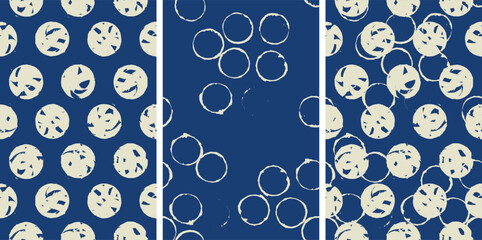 Abstract Seamless hand drawn brush line pattern surface, simple minimal dot, circle design on indigo blue and white, Japanese calm style background fabric texture good for stationary, textile