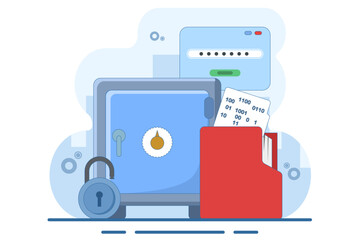 Concept of data encryption vault with password, encryption of personal data on internet resources. technology to protect privacy data. flat vector illustration on background.