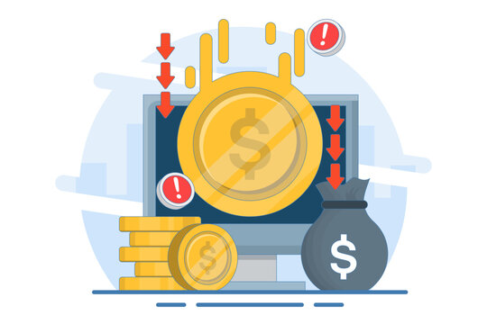 dollar currency depreciation concept. dollar value keeps decreasing. financial problems. dollar coin with down arrow and warning sign. flat style design vector illustration.
